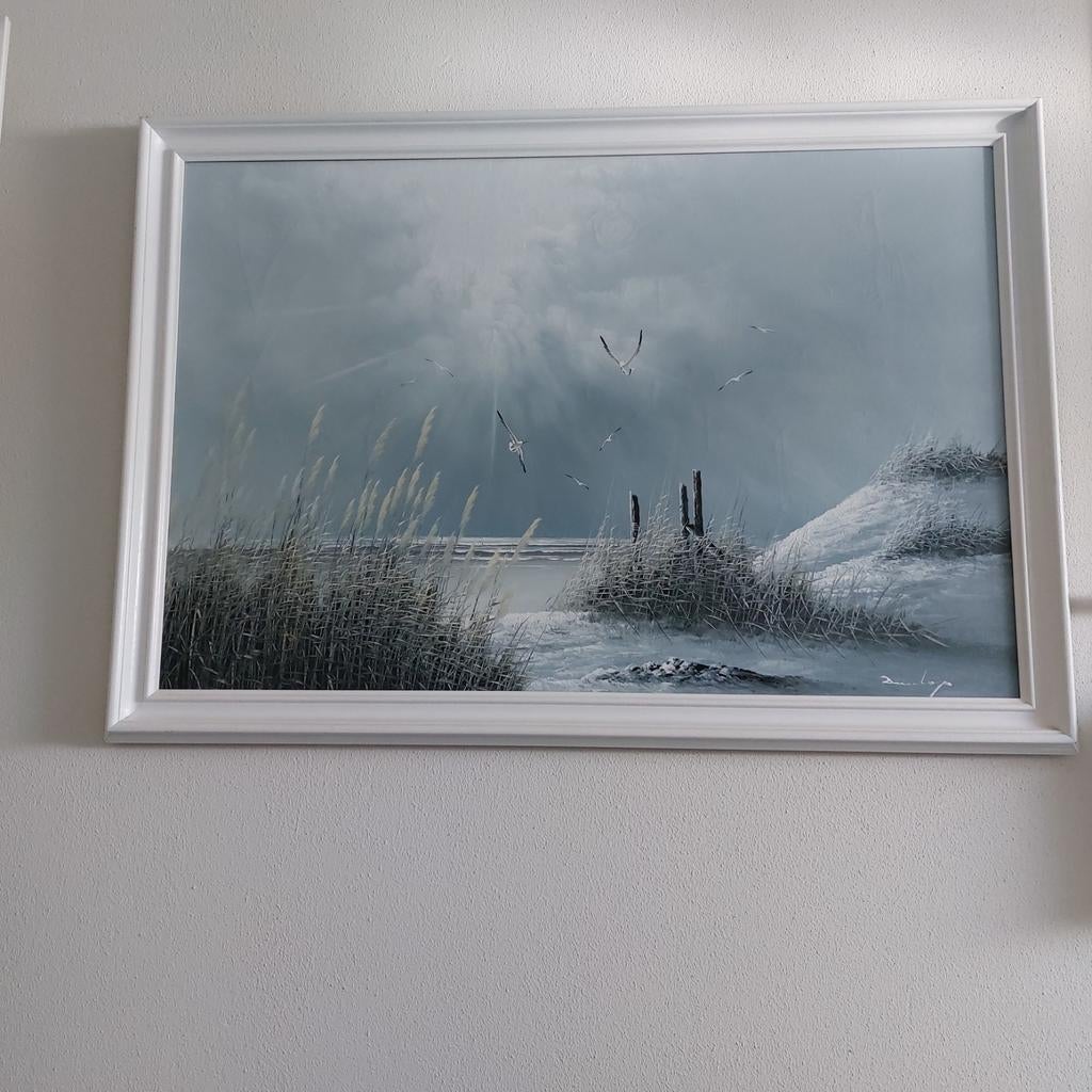 Schilderij met witte lijst ,strand en duinen, Ophalen of Verzenden