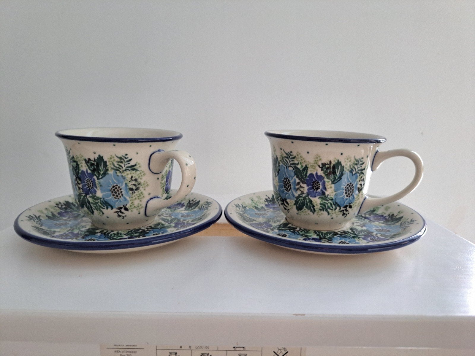 2x Poolse aardewerk kop en schotel, blauw bloemmotief, Overige merken, Vintage, Nieuw, Ophalen of Verzenden
