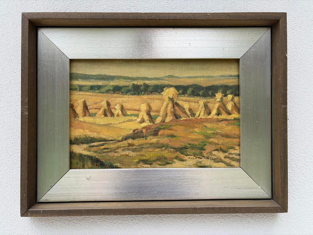 Olieverfschilderij: Korenschoven in landschap, Antiek en Kunst, Kunst | Schilderijen | Klassiek, Ophalen