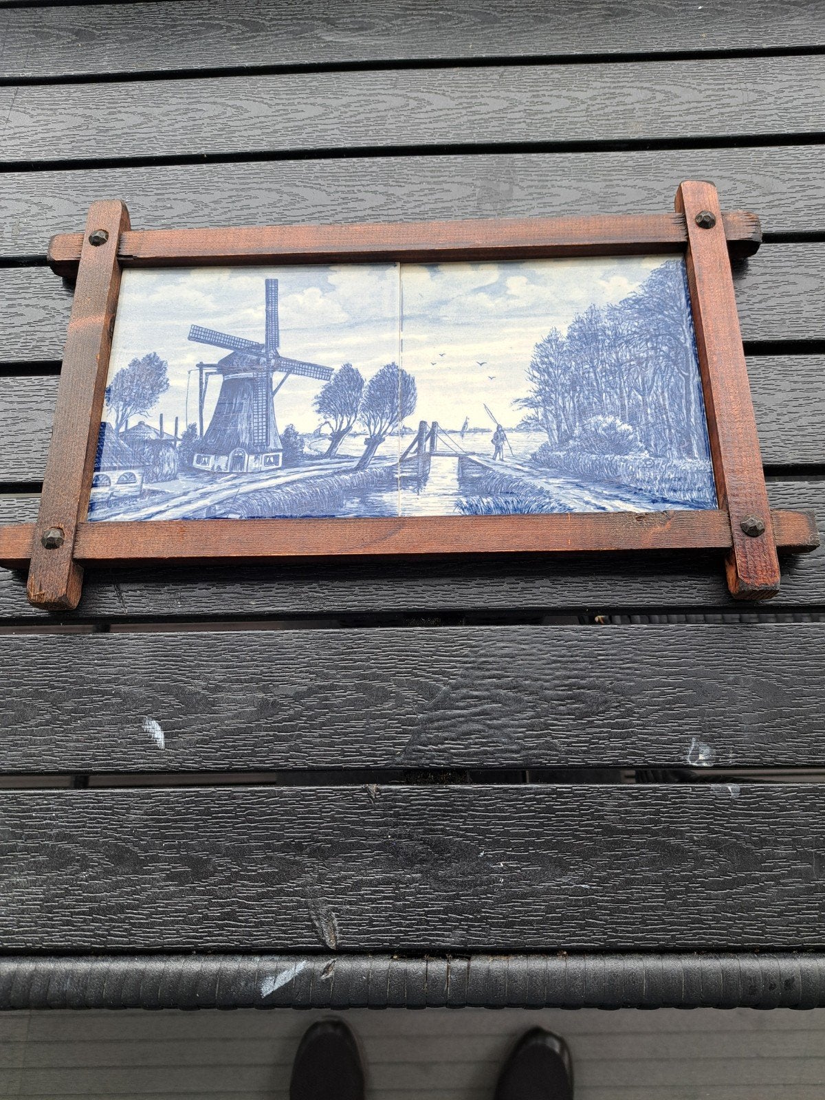 Vitage 2 Delftblauwe tegels van een Hollands molen landschap, Ophalen of Verzenden, Minder dan 80 cm, Minder dan 80 cm