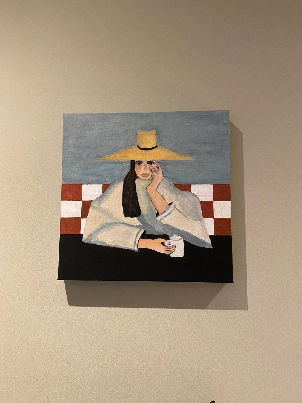 Canvas Kunst – Vrouw met Hoed (31x31cm), Ophalen of Verzenden, Kunststof, Handgeschilderd, Acrylverf