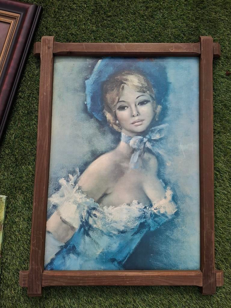 Schilderij dame in blauw met houten lijst uit Italië, Antiek en Kunst, Kunst | Schilderijen | Klassiek, Ophalen of Verzenden