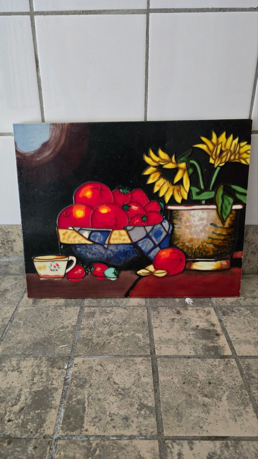 Schilderij met fruit en zonnebloemen  tegel 28×35, Ophalen of Verzenden