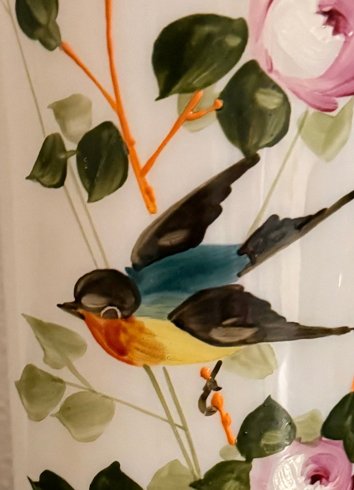 Antieke opaline vaas met handgeschilderde bloemen en vogel, Ophalen of Verzenden