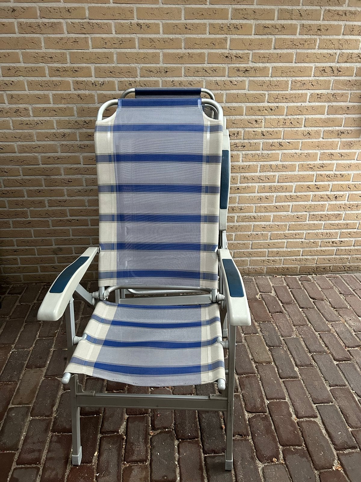 4x Verstelbare campingstoelen - Blauw/Wit gestreept, Caravans en Kamperen, Ophalen, Gebruikt