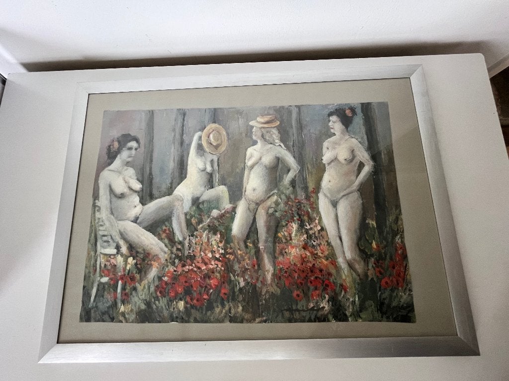 schilderij 4 naakte dames in een tuin met klaprozen, Antiek en Kunst, Ophalen of Verzenden