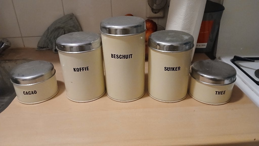 Vintage voorraadpotten set - Koffie, Suiker, Beschuit, Cacao, Beige, Gebruikt, Ophalen of Verzenden, Voorraadpot