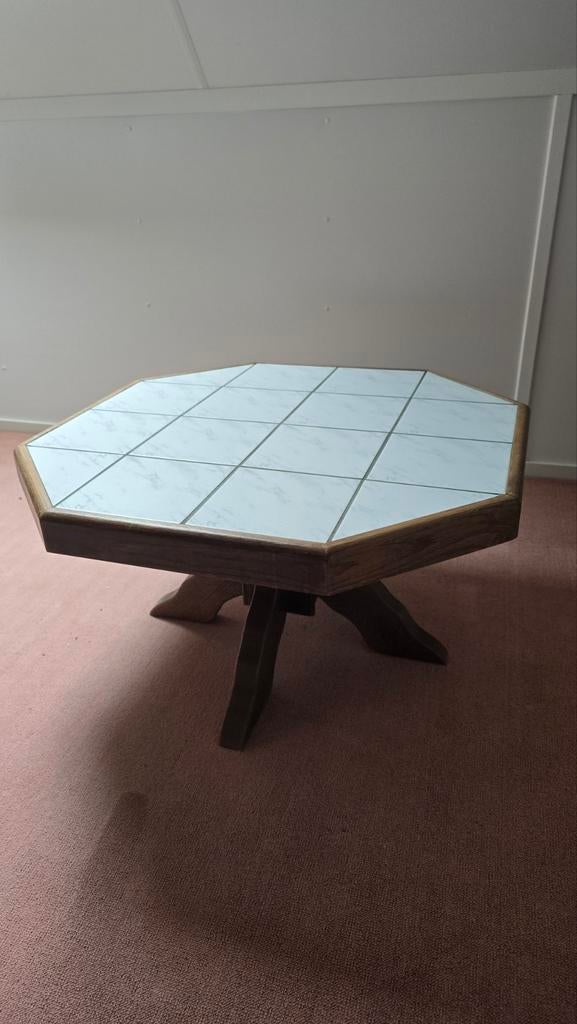 Vintage Salontafel – 8-hoekig met marmeren tegelinleg/ Eiken, Ophalen, 50 tot 100 cm, Klassiek, 50 tot 100 cm