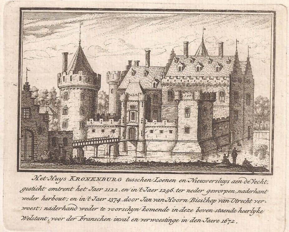 Het Huys Kronenberg tusschen Loenen en Nieuwersluys 1725, Antiek en Kunst, Kunst | Etsen en Gravures, 10 cm, Origineel, Architectuur
