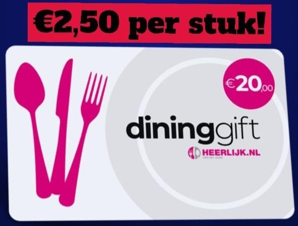 Dinerbon Van Dining Gift T.W.V. €20 Voor €2,50 Totaal!, Tickets en Kaartjes, Kortingen en Cadeaubonnen, Twee personen, Cadeaubon