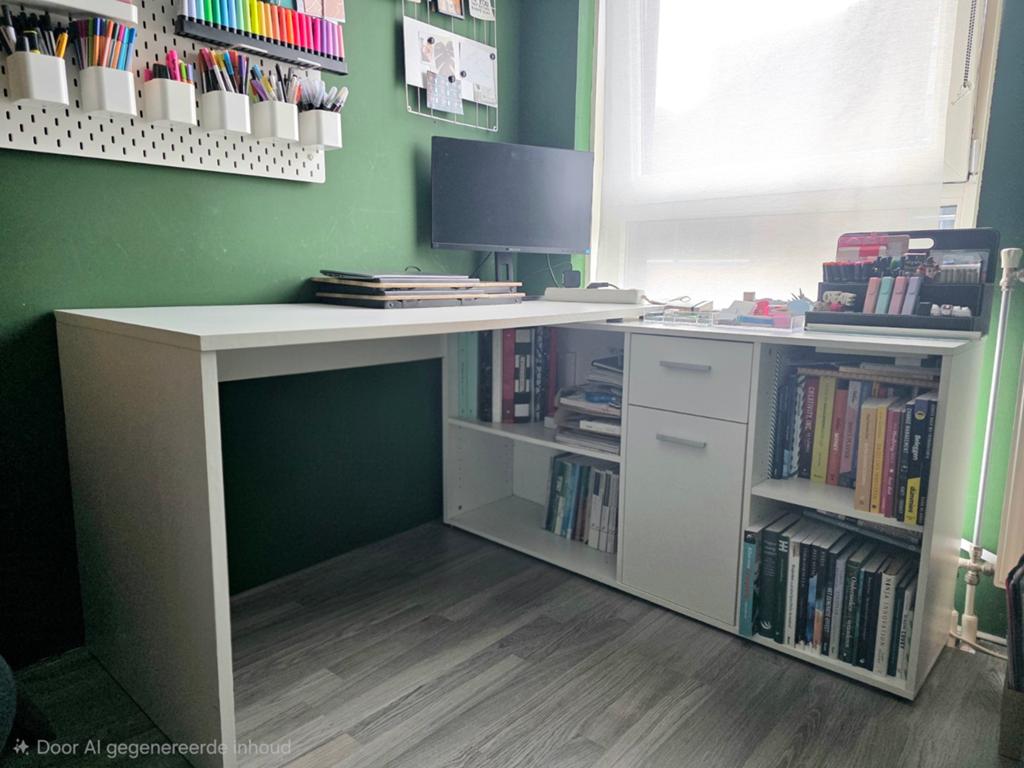Hoekbureau met Kast - Wit (leen bakker), Huis en Inrichting, Bureaus, Ophalen, Gebruikt, Wit, Bureau-kast combinatie