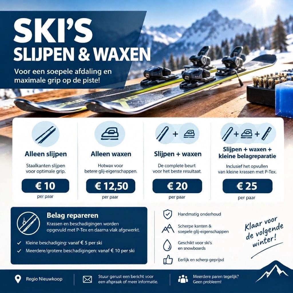 Ski’s slijpen, waxen en belag repareren, Ophalen of Verzenden