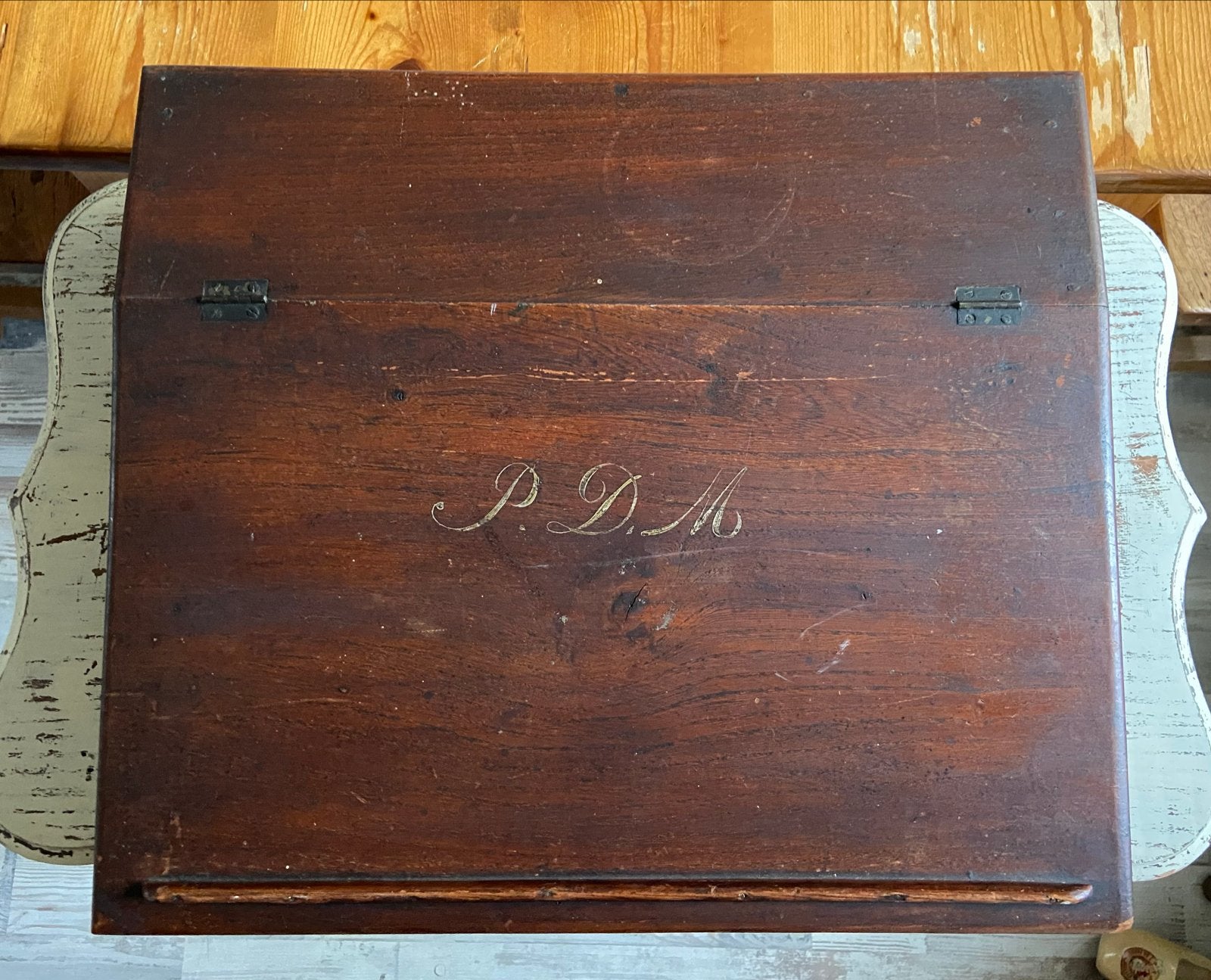 Antieke houten schrijfdoos met initialen P.D.M., Ophalen of Verzenden