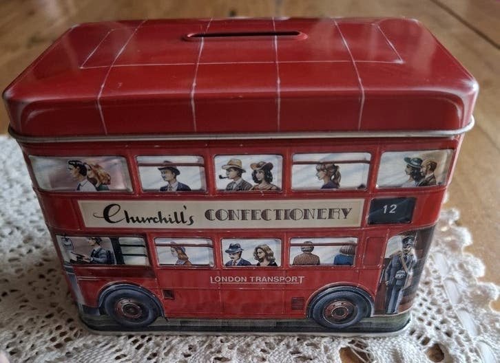 Engelse Churchill's spaarpot blikje, rode dubbeldekker bus, Gebruikt, -, -, Vervoermiddel
