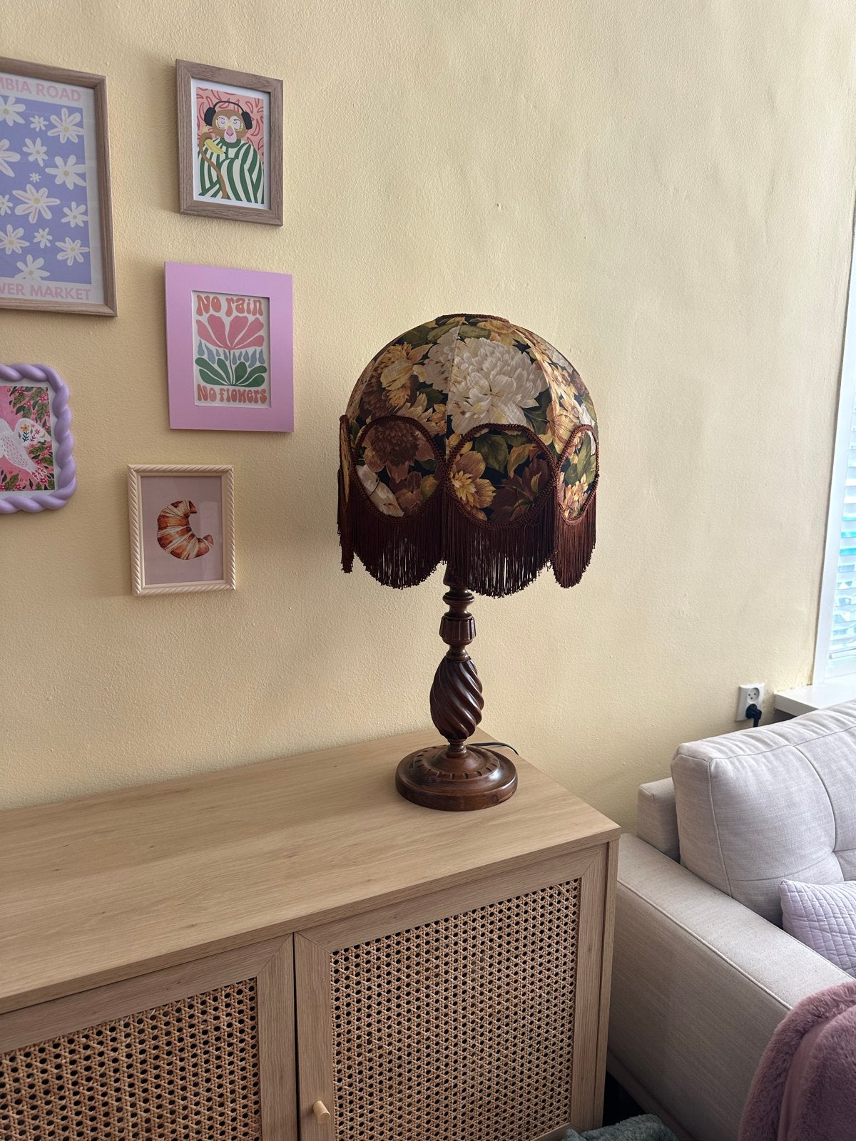 Vintage Tafellamp met Bloemmotief en Franjes, Ophalen