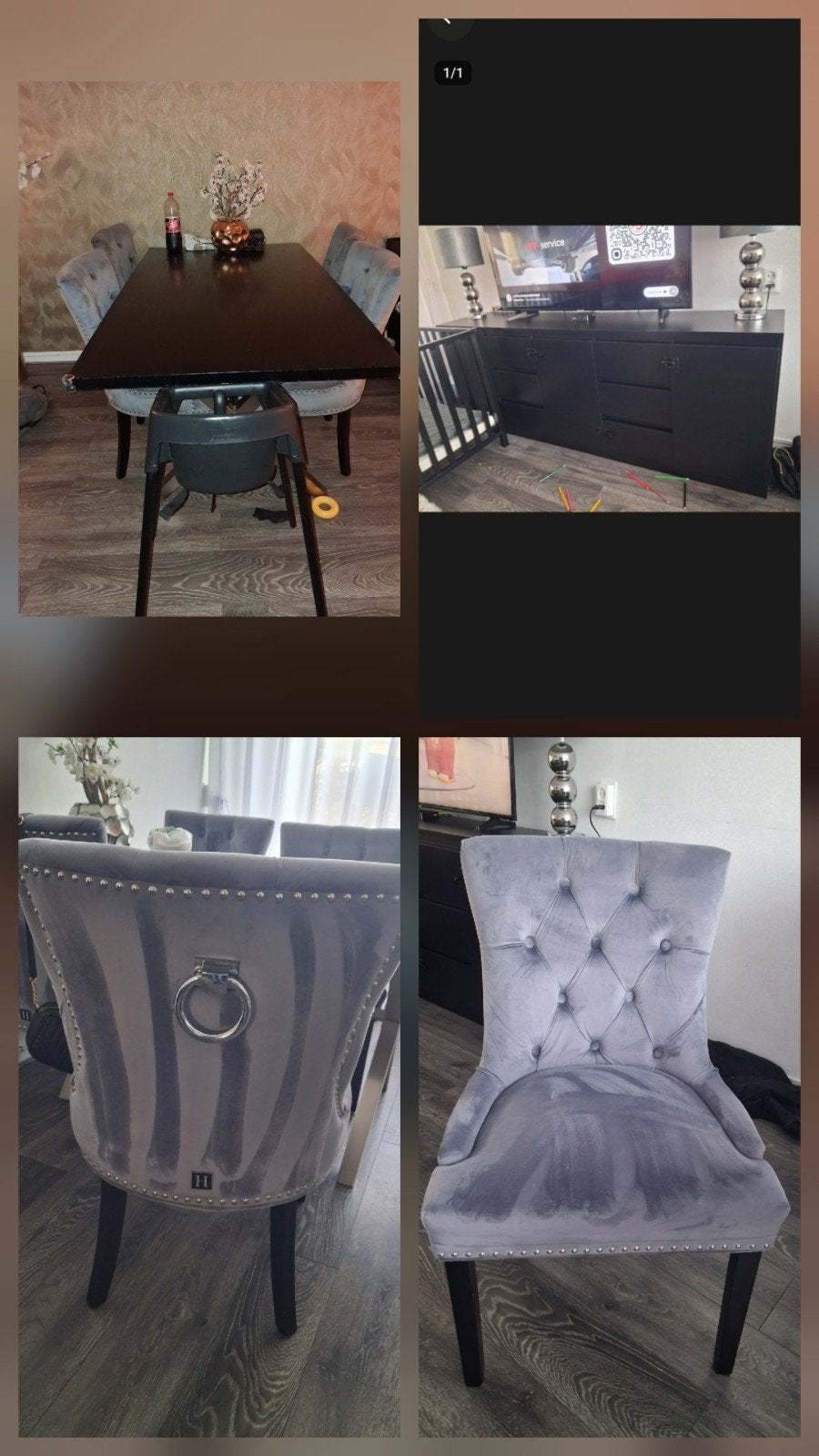 Eettafel met 4 velvet stoelen en zwart dressoir, Ophalen, Gebruikt, Modern, 4 tot 6 stoelen