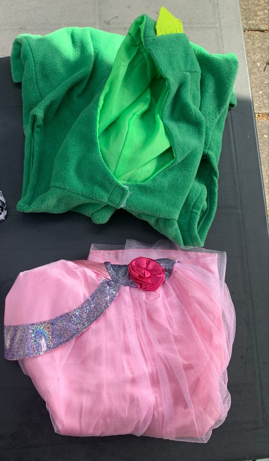 Groen drakenpak en roze prinsessenjurk, Kinderen en Baby's, Carnavalskleding en Verkleedspullen, Ophalen, Gebruikt, 110 t/m 116