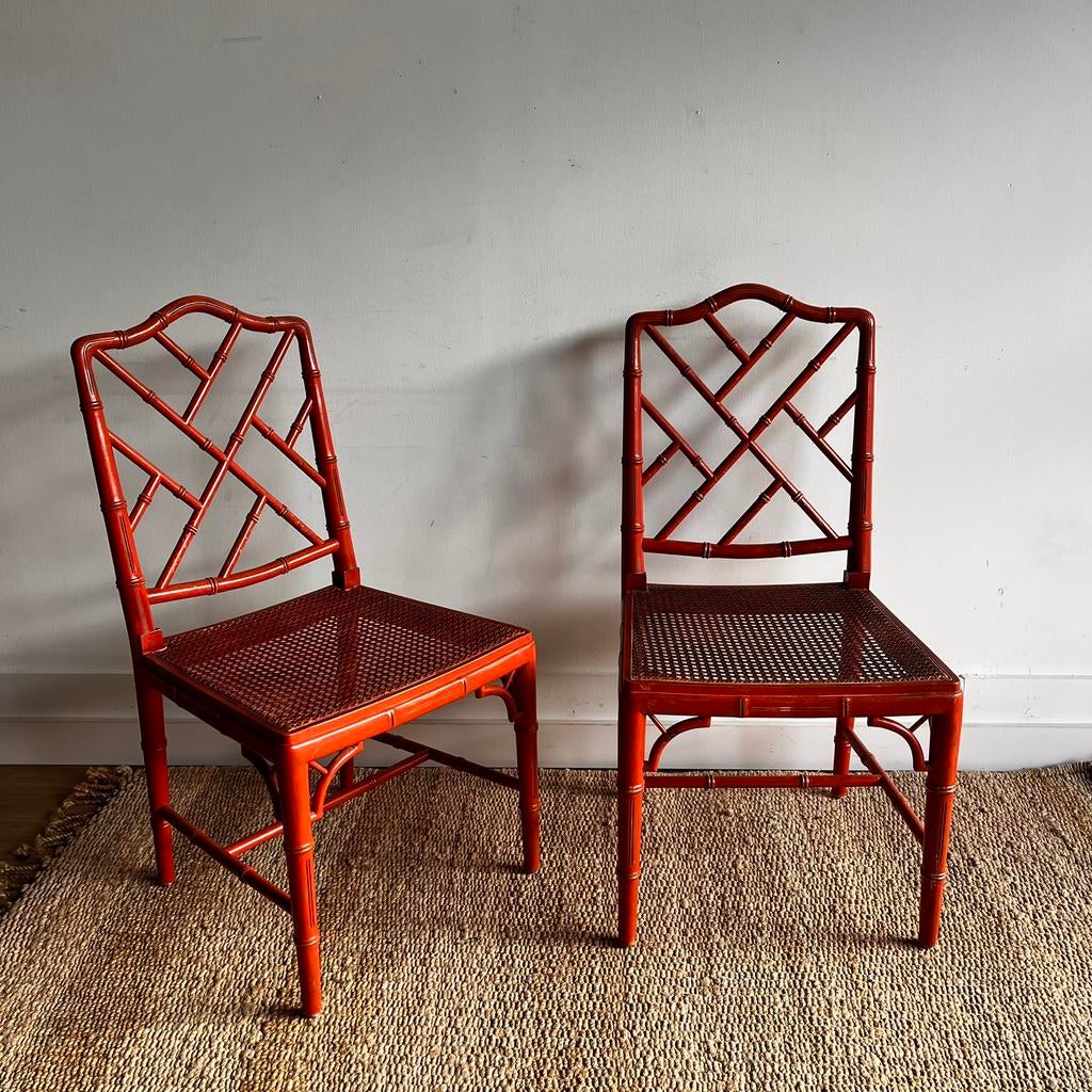 2 Faux Bamboo bamboe Chippendale Adler stoelen vintage, Huis en Inrichting, Ophalen, Vintage, Zo goed als nieuw, Rood