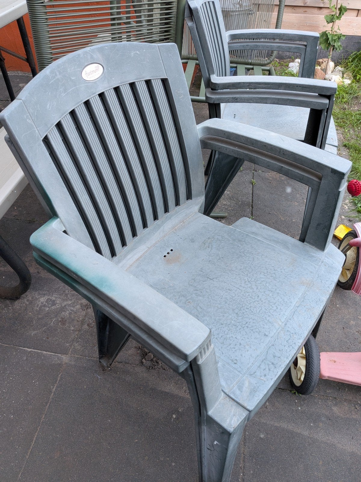 4 Hartman tuinstoelen - groen/grijs kunststof, Ophalen, Gebruikt, Kunststof, Stapelbaar