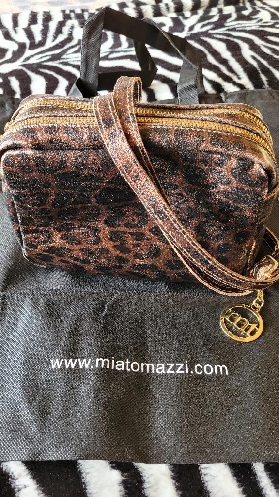 Mia Tomazzi leren schoudertasje panterprint donkerbrons, Ophalen of Verzenden, Zo goed als nieuw, Bruin, Leer