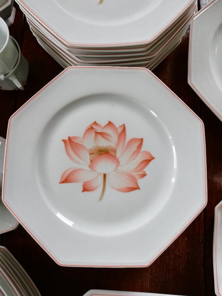 9 pers Limoges eet- en koffieservies oranje pioenroos, Ophalen, Zo goed als nieuw, Overige stijlen, Porselein