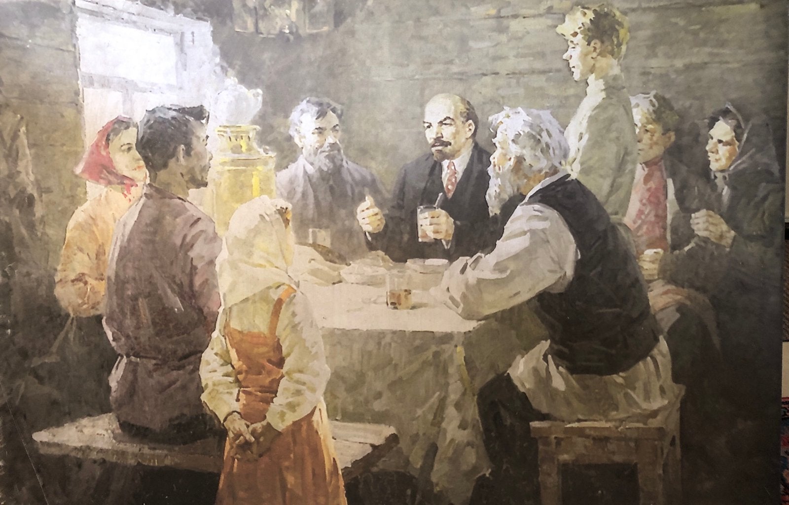 Lenin bezoekt welvarend boerengezin., Antiek en Kunst, Kunst | Schilderijen | Klassiek, Ophalen, Portret of Personen, Realistisch