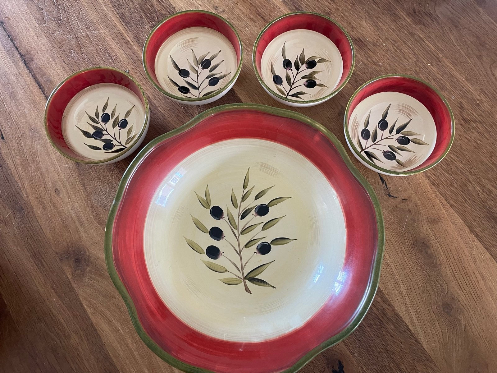 Set van 5 schalen met olijfmotief, Huis en Inrichting, Overige materialen, Gebruikt, Schaal, Ophalen of Verzenden