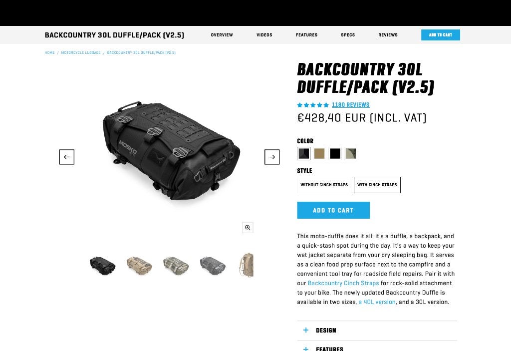 Mosko Moto Backcountry 30L Duffle bag, Motoren, Accessoires | Koffers en Tassen, Ophalen of Verzenden, Zo goed als nieuw