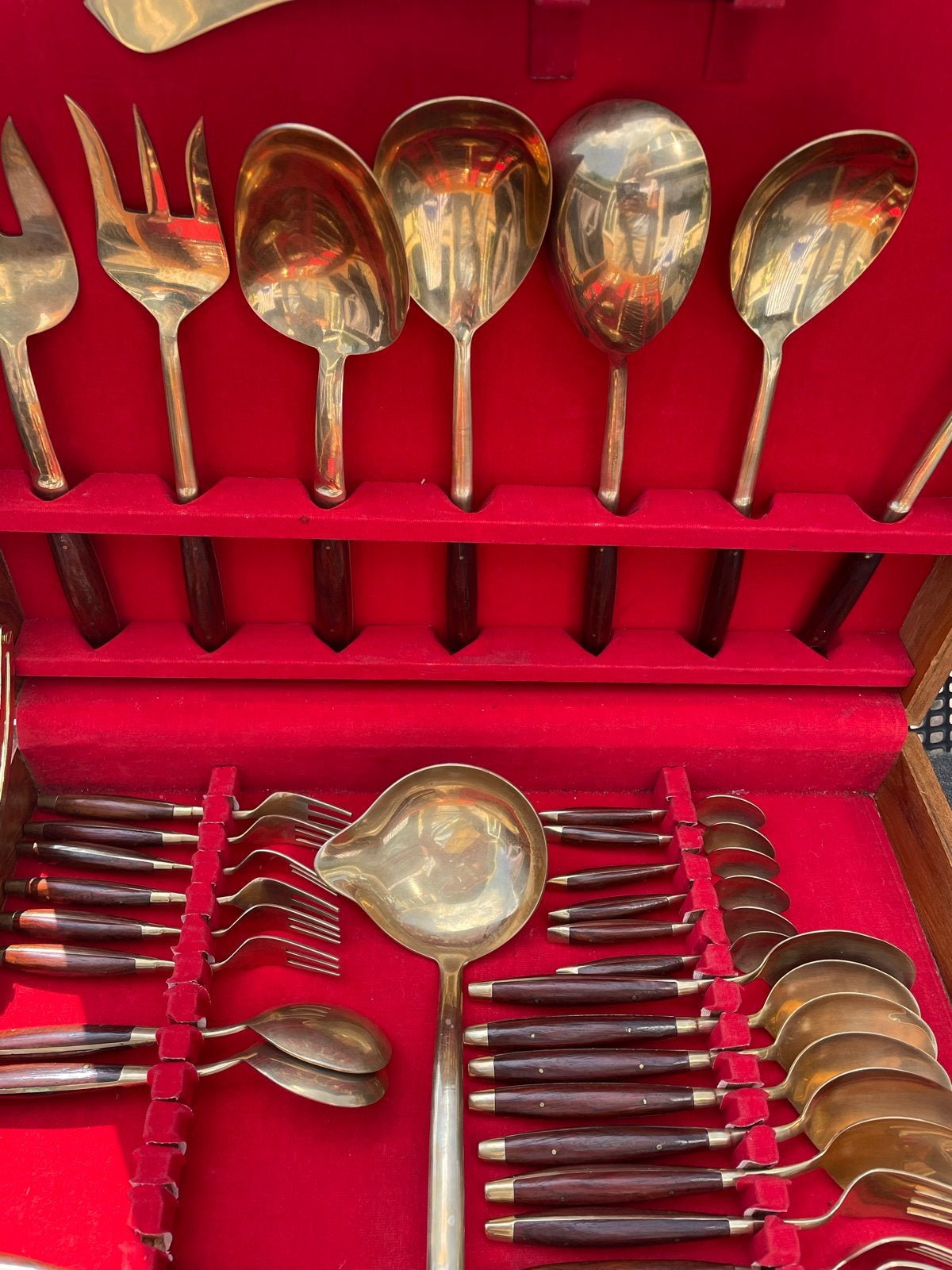 Vintage Bestekset in Houten Kist - Messing & Palissander, Antiek en Kunst, Ophalen of Verzenden