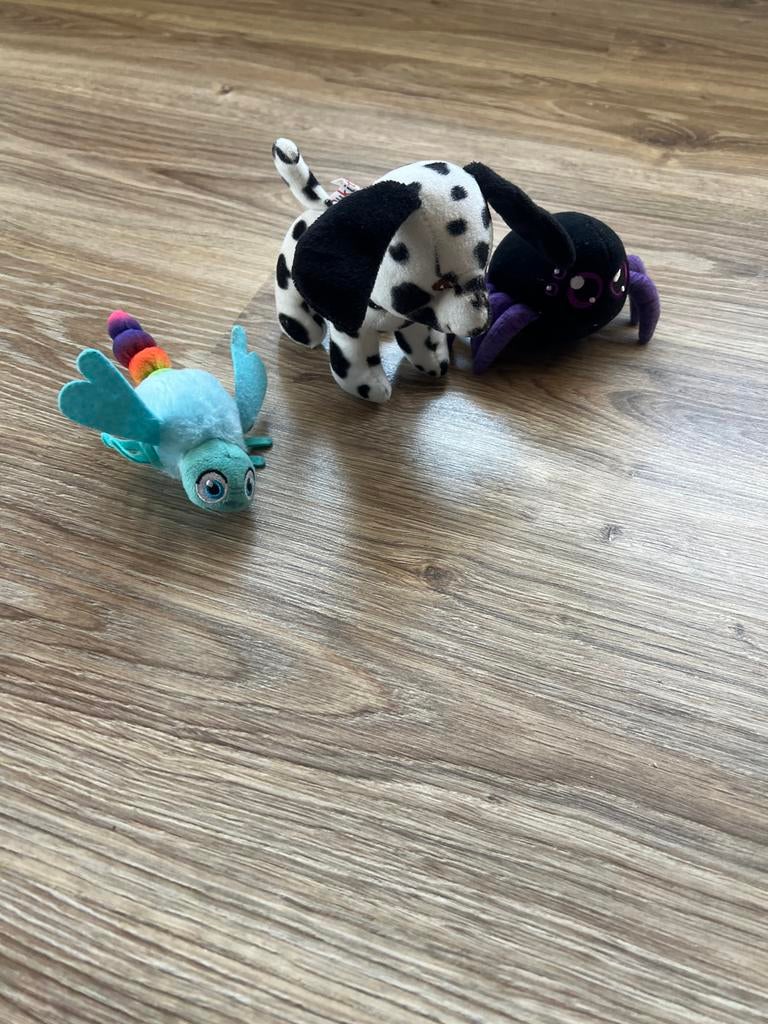 Set van 3 knuffels: Dalmatiër, spin en libelle, Gebruikt, Zwart, Klein (minder dan 20 cm), Hond