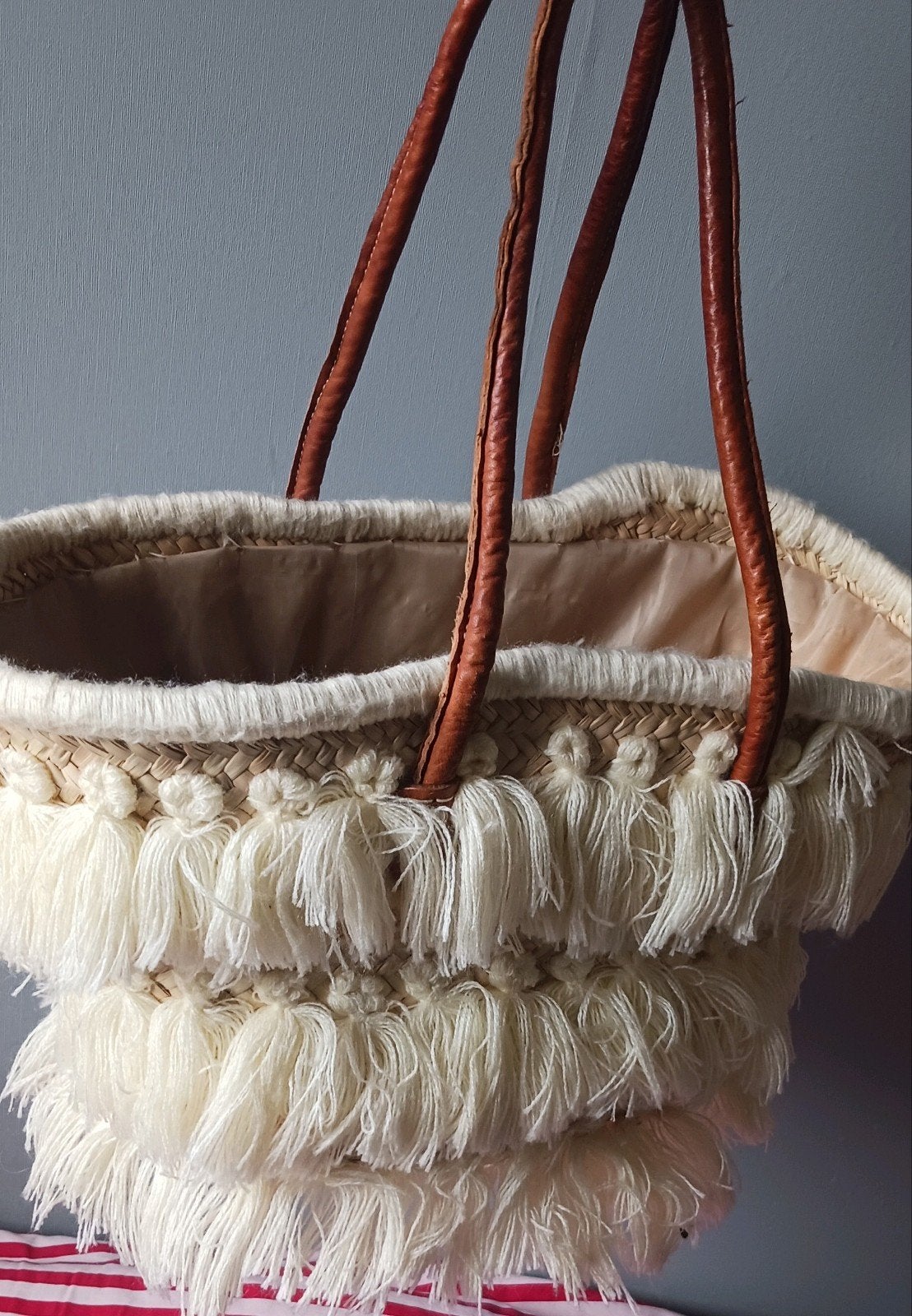 Stijlvolle shopper met franjes en leren handvatten, Sieraden, Tassen en Uiterlijk, Ophalen of Verzenden, Zo goed als nieuw, Beige
