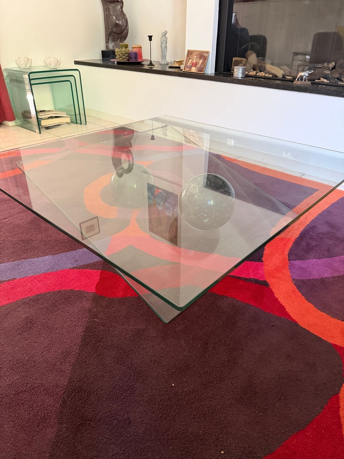 Glazen Salontafel met Marmeren Bollen, Huis en Inrichting, Ophalen, 100 tot 150 cm, Vierkant, Modern - design