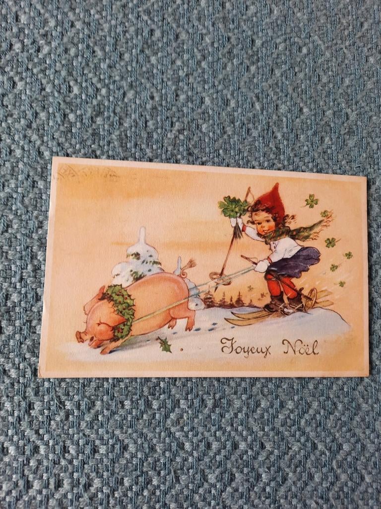 Oude Kerstkaart 'Joyeux Noël' - Skiënd kind met varken, Verzamelen, Ansichtkaarten | België, Ophalen of Verzenden