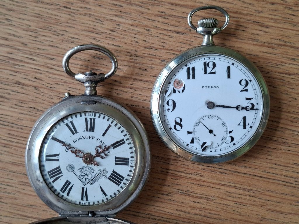 twee zakhorloges ROSKOPF en ETERNA, Overige merken, Zakhorloge, Staal, 1900 tot 1930