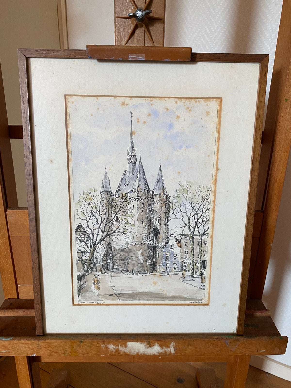 Sassenpoort-Zwolle. Bob Brobbel (1907-1971)., Ophalen of Verzenden, Tekening, Gemengde techniek, Ingelijst