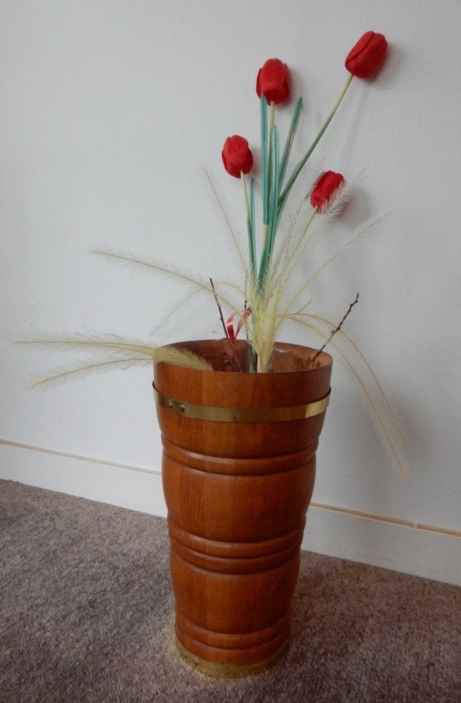 grote vintage houten vaas / Paraplubak 48 cm, Ophalen, Gebruikt, Bruin, 48 cm