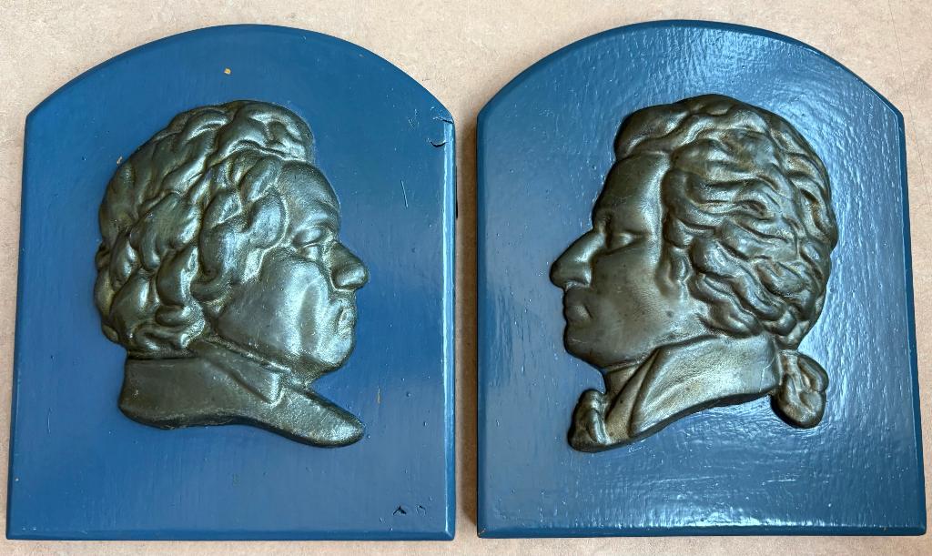 Vintage plaquettes met Mozart en Beethoven, hout en metaal, Antiek en Kunst, Ophalen of Verzenden