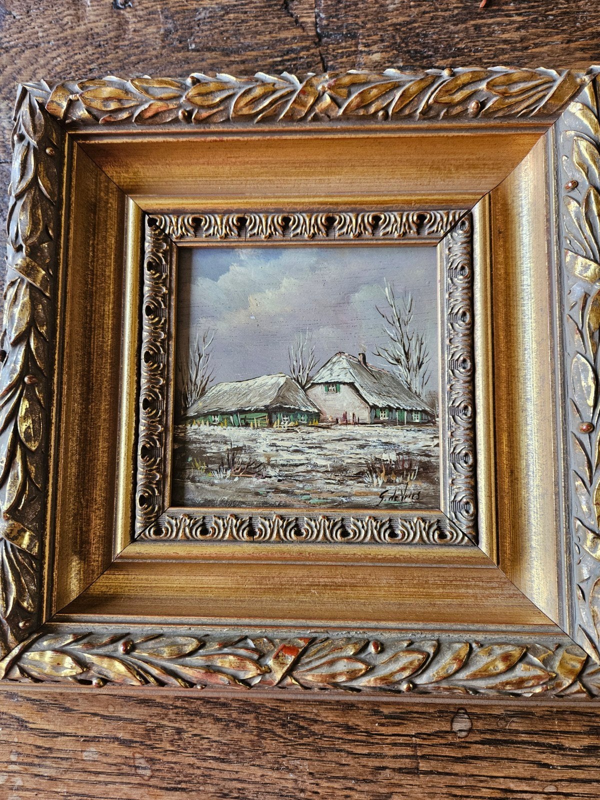 Schilderij winterlandschap met boerderijen, gesigneerd, Antiek en Kunst, Paneel, Realistisch, Ophalen of Verzenden, Gesigneerd