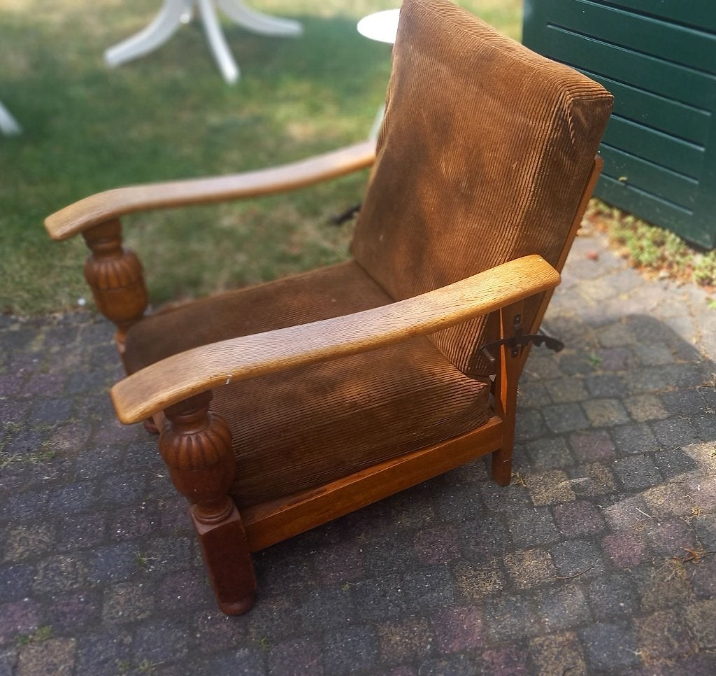 fauteuil: eiken rookstoel, verstelbare rugleuning (ca. 1950), Huis en Inrichting, Ophalen, Gebruikt, 50 tot 75 cm, Hout
