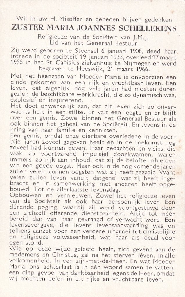 Schellekens Maria 1908 Steensel 1966 Nijmegen zuster, Ophalen of Verzenden, Bidprentje