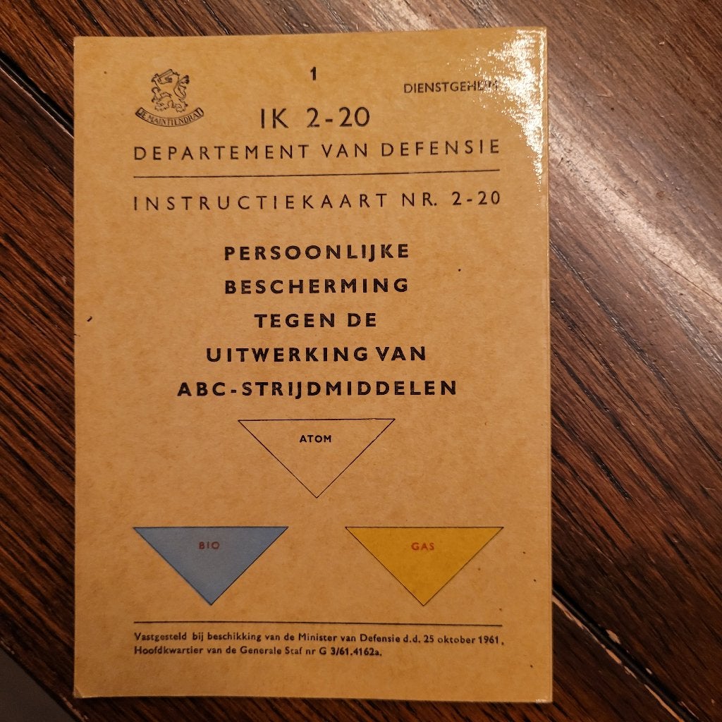 Kaart Persoonlijke bescherming uitwerking ABC strijdmiddelen, Verzamelen, Ophalen of Verzenden, Landmacht, Nederland, Boek of Tijdschrift