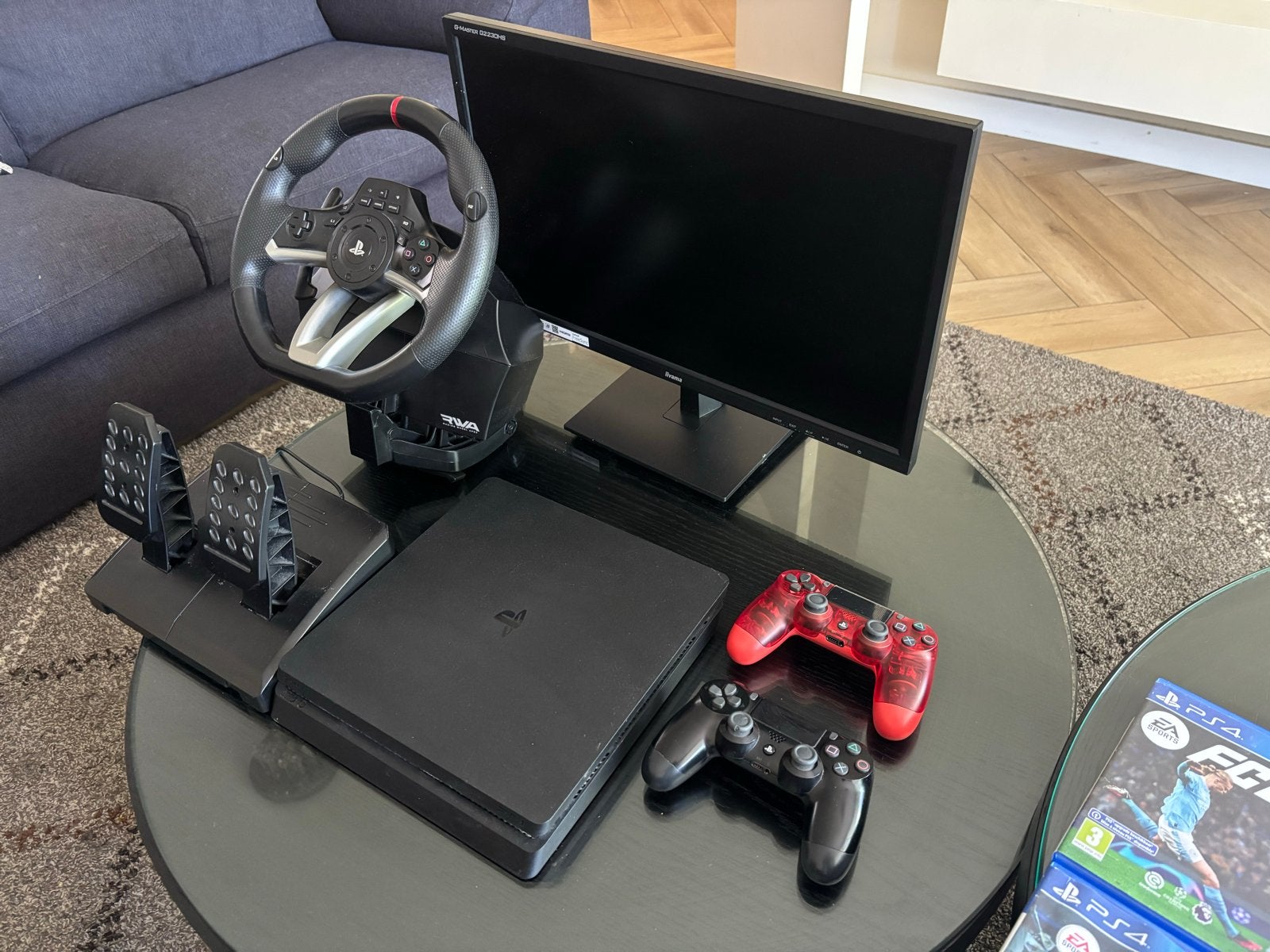 PS4 Slim met racestuur, monitor, 2 controllers en games, Met 2 controllers, Ophalen of Verzenden, Zo goed als nieuw, Slim