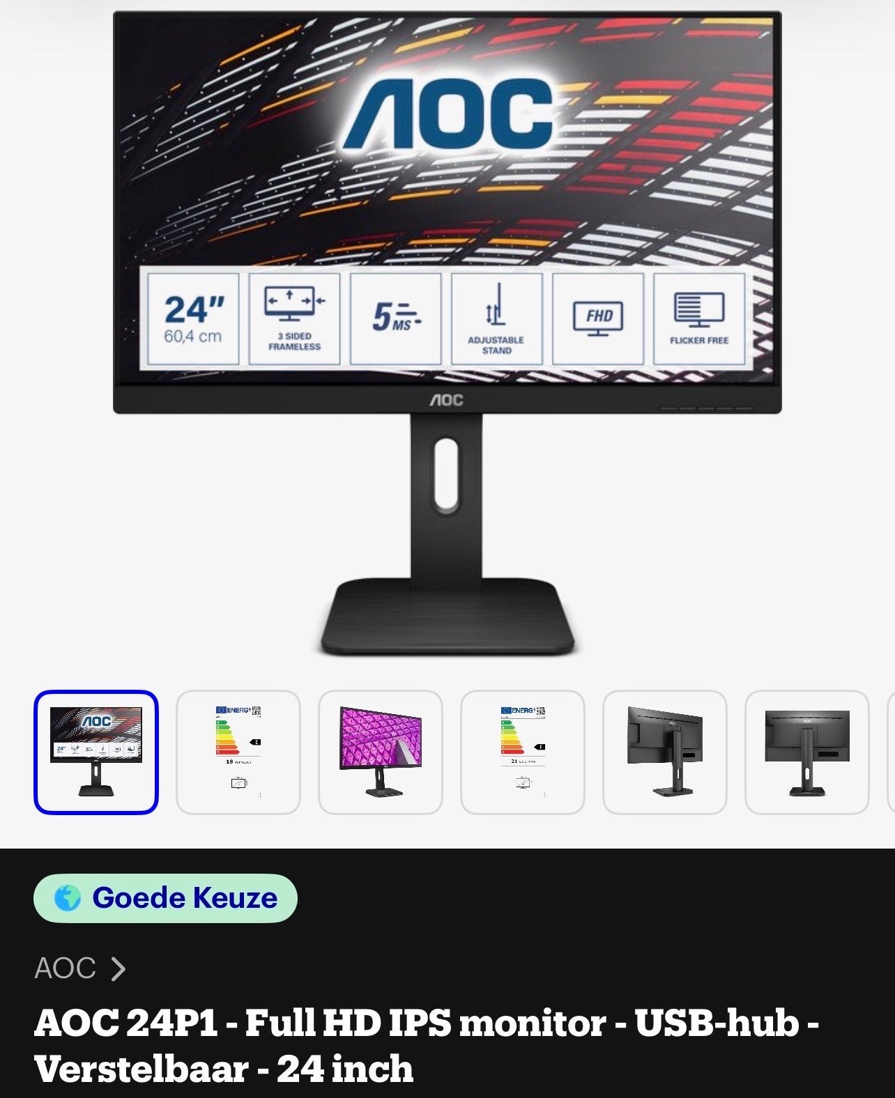 AOC 24 P1 monitor - Full HD IPS - Perfecte staat, Ophalen, IPS, In hoogte verstelbaar, Full HD