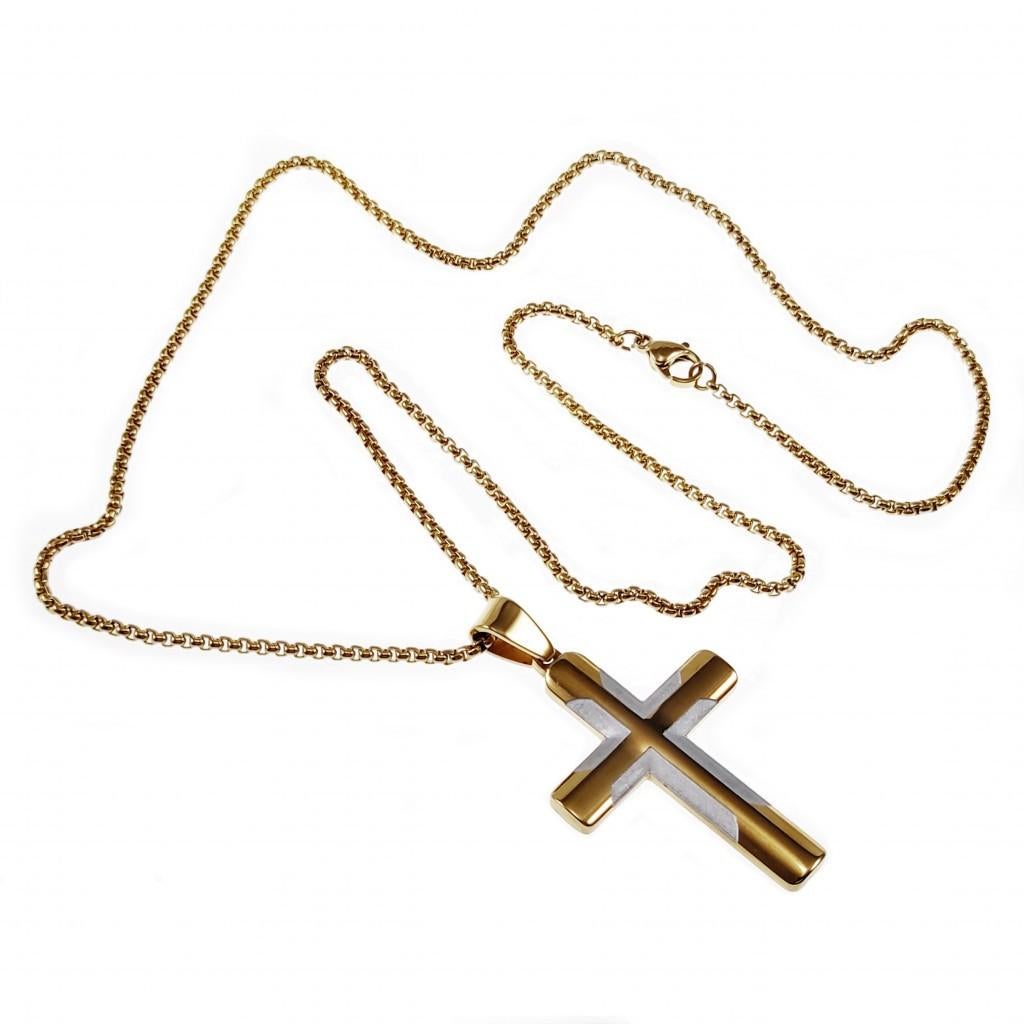 55cm Jacseron Ketting + Kruishanger Heren Stalen Goudkleur, Birgitta-Gracht 33, 6465 EL Kerkrade, Nederland, Verzenden, Nieuw