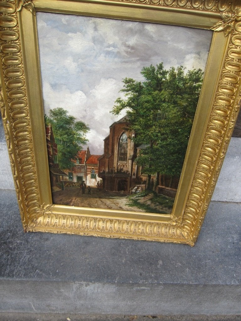 v/d Berg, Schilderij DORPSGEZICHT met Kerk en personen, Ophalen, Expressionistisch, Stads- / dorpsgezicht, Doek