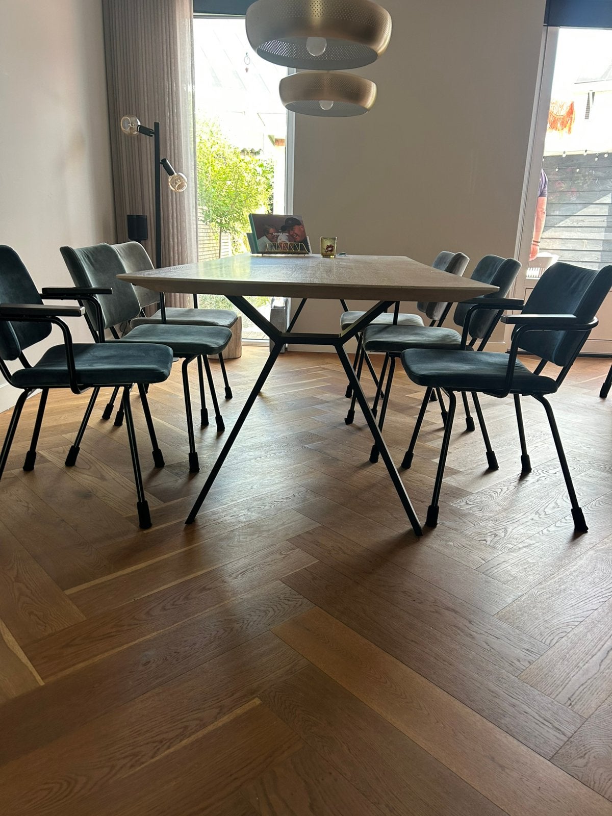 Eikenhouten eettafel set met 6 bodilson stoelen, Ophalen, 200 cm of meer, 50 tot 100 cm, Zo goed als nieuw