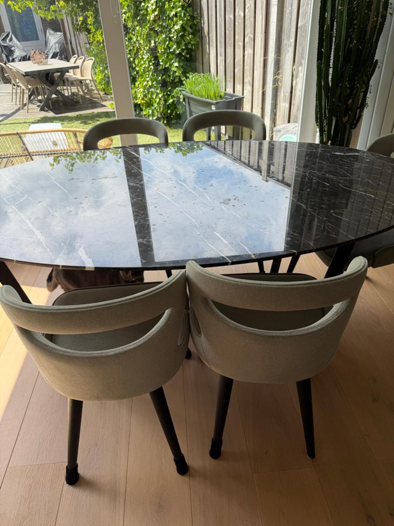 Stalen marmeren ovale tafel 220x100 - Dunne blad, Huis en Inrichting, Tafels | Eettafels, Ophalen, Gebruikt, 100 tot 150 cm, 200 cm of meer