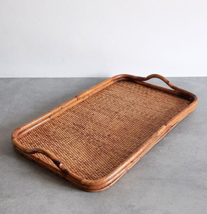 Vintage bamboe donker rotan dienblad serveerplateau, Ophalen of Verzenden, Zo goed als nieuw, Rond, Overige materialen