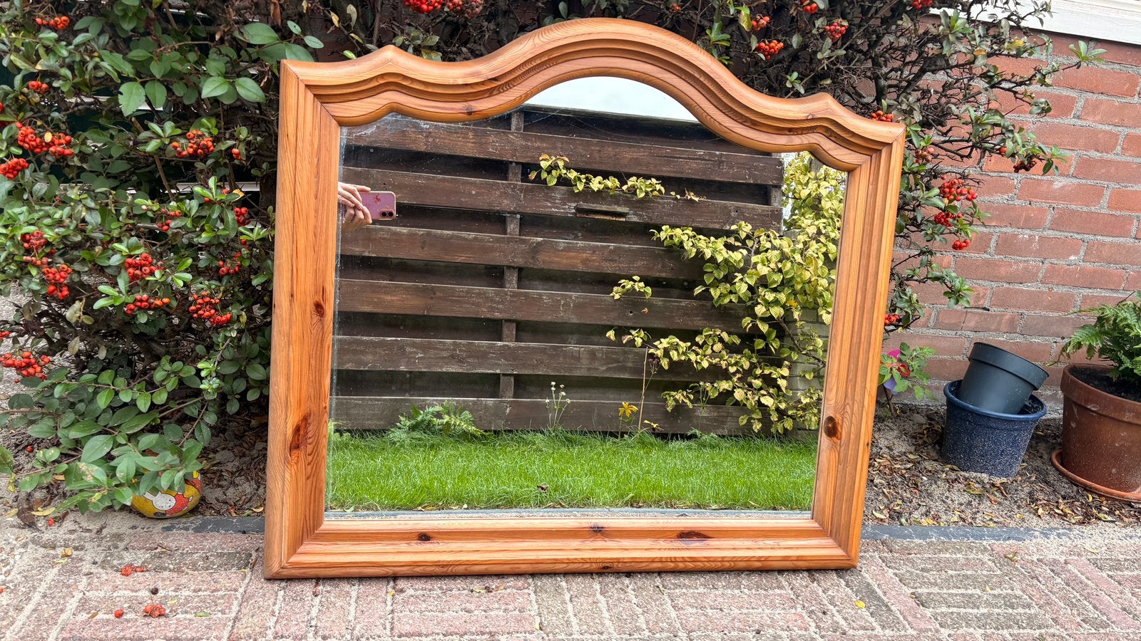 Vintage grenen spiegel (90x80cm), Antiek en Kunst, Ophalen, Rechthoekig