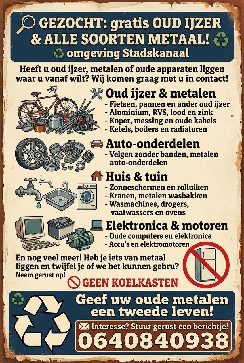Gezocht: Oud ijzer en metaal in Stadskanaal e.o., Ophalen